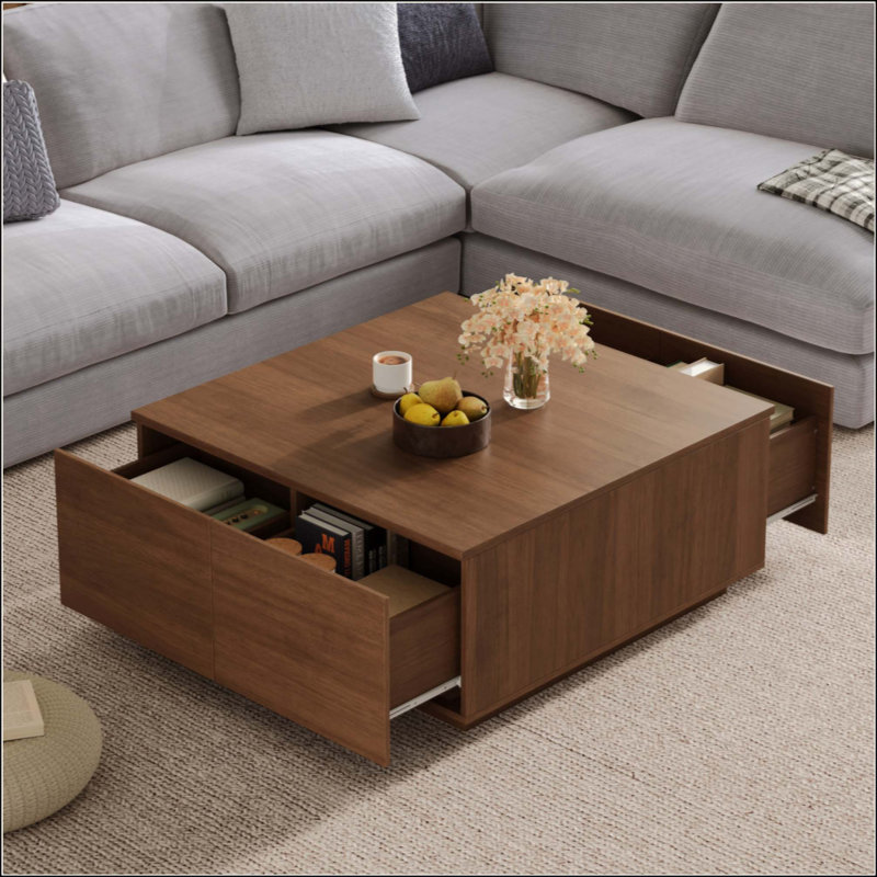Table basse carrée à 4 tiroirs, Walnut