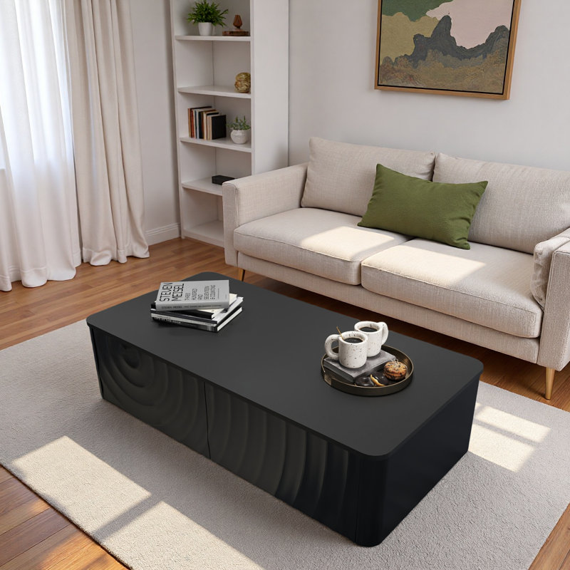 Modern Square Spiral Grain Coffee Table With 2 Drawers, Black