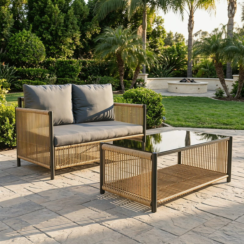 Modern 2-Seater Outdoor Sofa Set with Coffee Table - PE Rattan, Grey Cushions, Black Brown