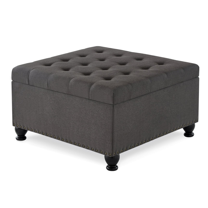  Grande table basse avec repose-pieds capitonné avec garniture cloutée, gris foncé, Lin, Gris