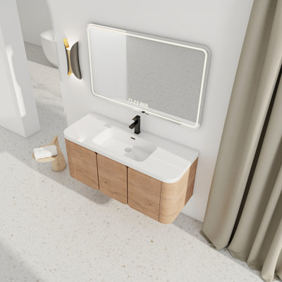 Meuble-lavabo mural 48 po avec lavabo en résine blanche et 3 portes à fermeture douce