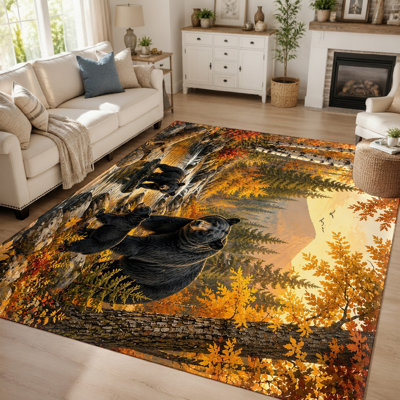 1 tapis représentant une famille d'ours majestueux dans une forêt d'automne - Scène de nature réaliste, couleurs automnales éclatantes, décoration chaleureuse pour le salon, tapis antidérapant et résistant pour la maison