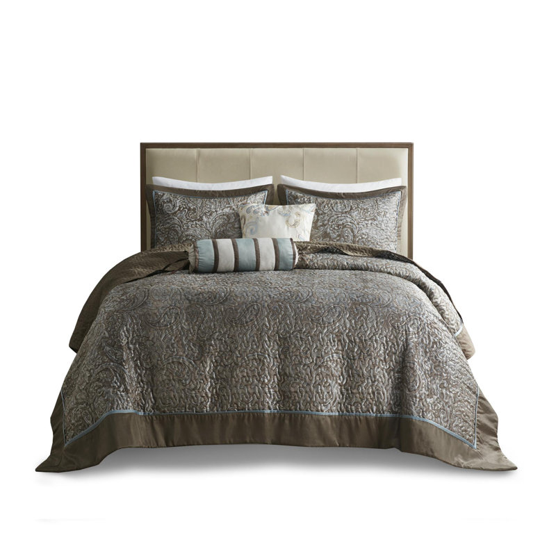 Polyester Jacquard Reversible Bedspread , Blue/Brown, King Bedspread + 4 Additional Pieces