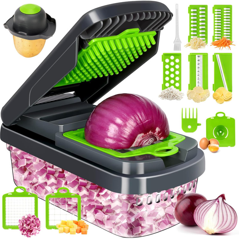 Hachoir 12-en-1 multifonctionnel, hachoir à oignon professionnel avec 7 pales, coupe-légumes avec récipient pour salade, pomme de terre, carotte et ail; Outil de cuisine essentiel