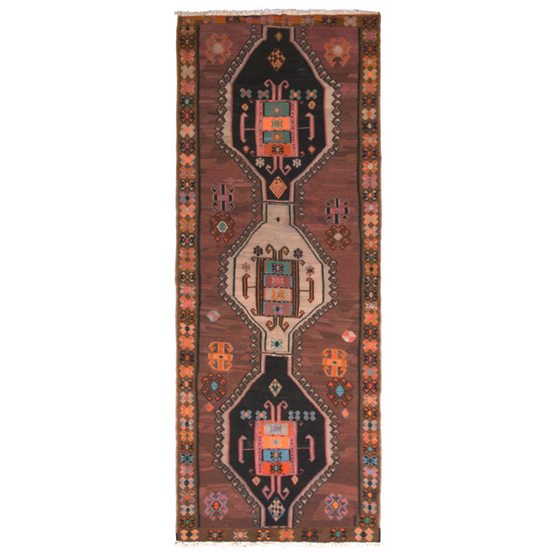 Tapis de couloir en laine noué à la main de conception unique noué à la main 1960 5 pi 5 po x 14 pi 7 po Tapis décoratif brun/noir