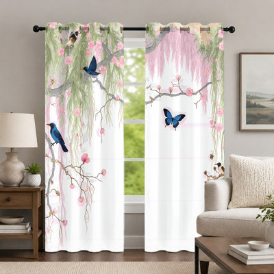 2Pcs Willow Branch and Bird Print Curtains, Spring Floral Butterfly Pattern Drapes, Natural Botanical Aesthetic Window Panel, Vibrant Scenery Grommet Drapes for Bedroom Living Room Decor
