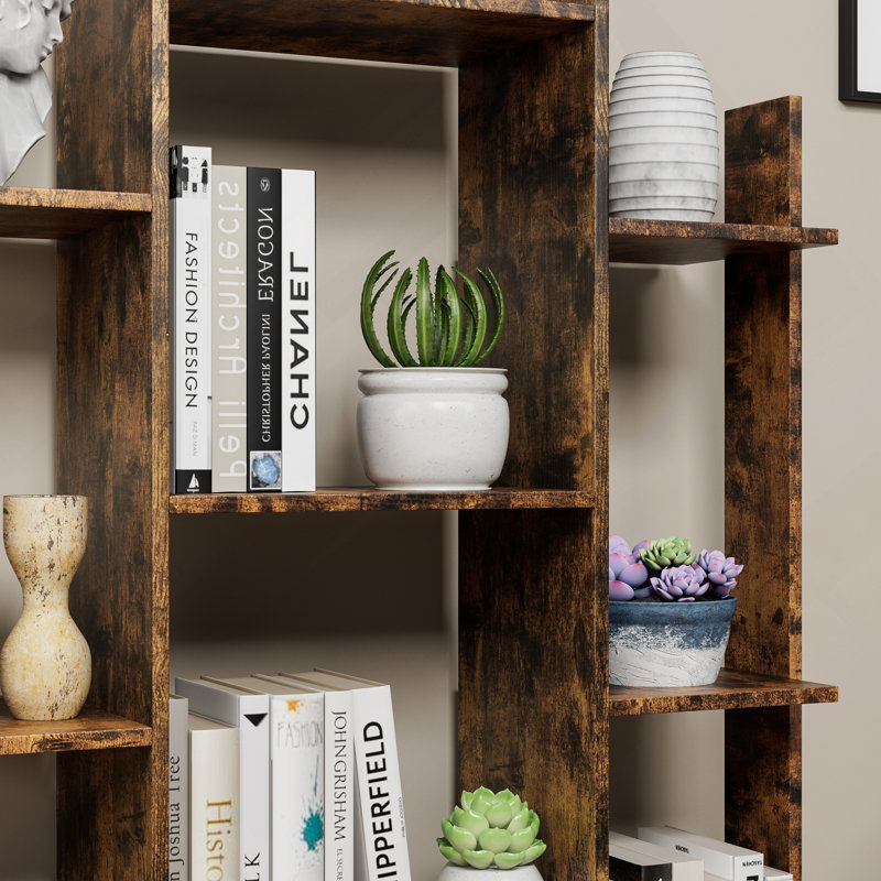 Bookshelf With 2 Drawers, Industrial Freestanding Open Display Shelving, Vintage Open Bookcase, 12 Storage Shelves, Book Case For Bedroom, Living Room, Home Office, Rustic Brown