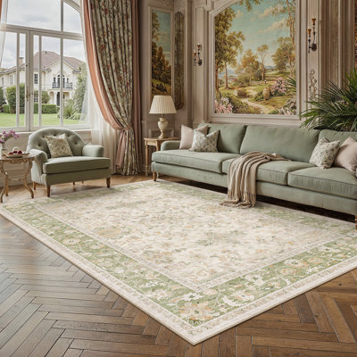 Fonda Vintage Washable Area Rug with Non-Slip Backing, Soft Faux Cashmere Living Room Rug