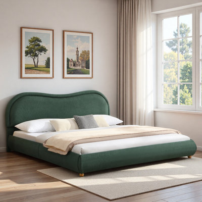 Upholstered Platform Bed With Curved Headboard, Wood Legs And Wooden Slats