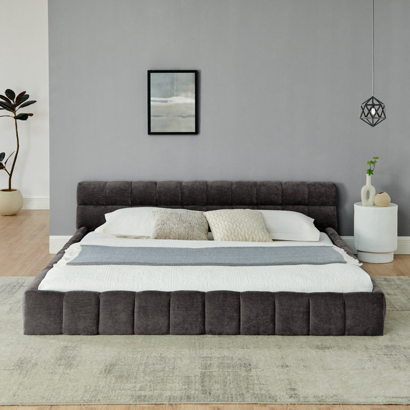 Très grand cadre de lit tapissier très grand avec tissu épais, grand lit plateforme en chenille avec tête de lit et structure solide. Aucun sommier tapissier requis (88,5 po x 85,5 po x 24 po)