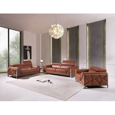Camel Genuine Leather 3-Piece Sofa, Loveseat & Chair Set with Adjustable Headrests