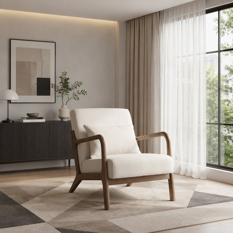 Chaise d'appoint rembourrée avec coussin lombaire Mid-Century, Blanc antique, Brun