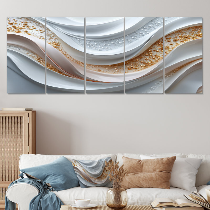 «White and Gold Fractal Marble Waves III - Abstract Spirals», ensemble d'art sur toile, H 32 po x l 80 po