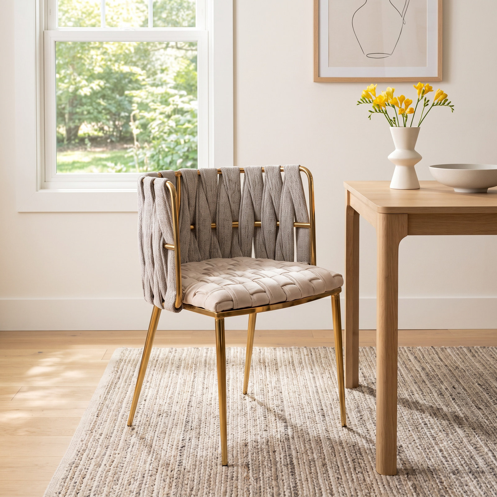 Tyrone Dining Armchair, Off White Faux Leather, Gold