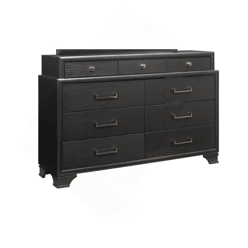 Commode 9 tiroirs avec panneaux texturés et quincaillerie mixte, Gris