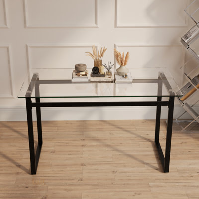 Modern Minimalist Rectangular Glass Dining Table With Tempered Glass Top And Chrome Metal Legs For 4-6 People, Perfect For Kitchen, Dining, And Living