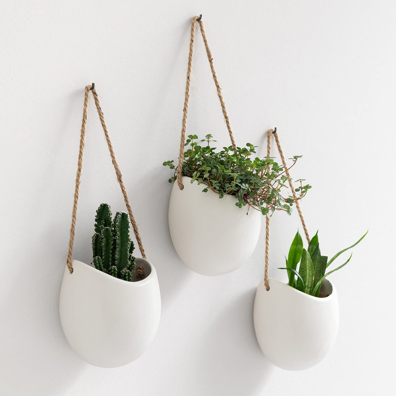 Pots de plantes suspendus en céramique 3 pièces, Blanc