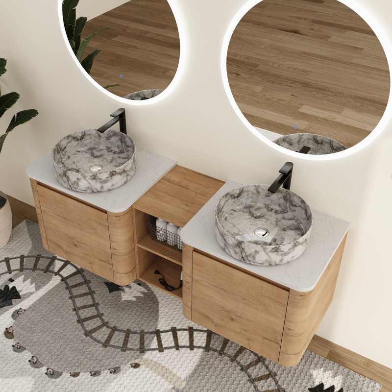 Greythor 60'' Wall-Mounted Double Bathroom Vanity With Ceramic Sink & Storage Shelves,60'' Double Bathroom Vanity Set With Engineered Stone Top