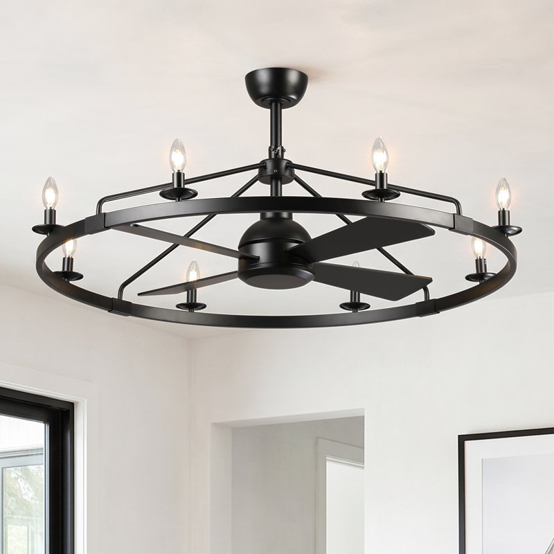 Vaczon 43.3" Wagon Wheel Fandelier Ceiling Fan with 8-Light and Remote Control, Chandelier Fan For Patio Foyer Living Room Bedroom Dining Room