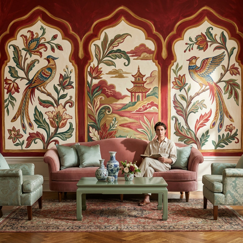 Décoration murale amovible de style chinois à panneaux arqués Chinoiserie, Texturé non collé, 120"x96"
