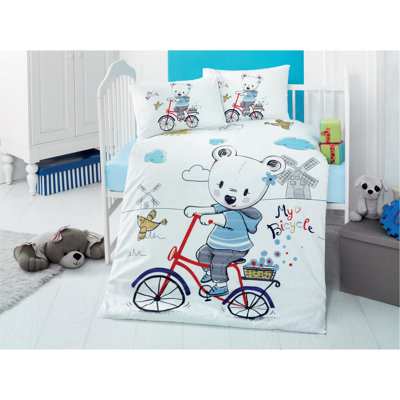 Ensemble de housse de couette 100% coton Ranforce Baby, housse de couette et drap plat 39,4 po x 59,1 po, 2 taies d'oreiller 13,8 po x 17,7 po | Blanc doux, élégant, bleu, rouge et gris | Lavable à la machine, 117 fils