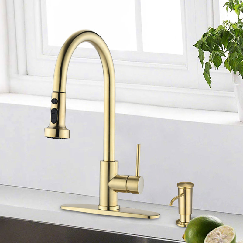 Stainless Steel Pull Down Kitchen Faucet With Soap Dispenser In Brushed Gold - To Scratches, Rust, And Stains 360-Degree Rotatable Spout Strong Spray Capacity 1.8Gpm Flow Rate High Scratch, Spot