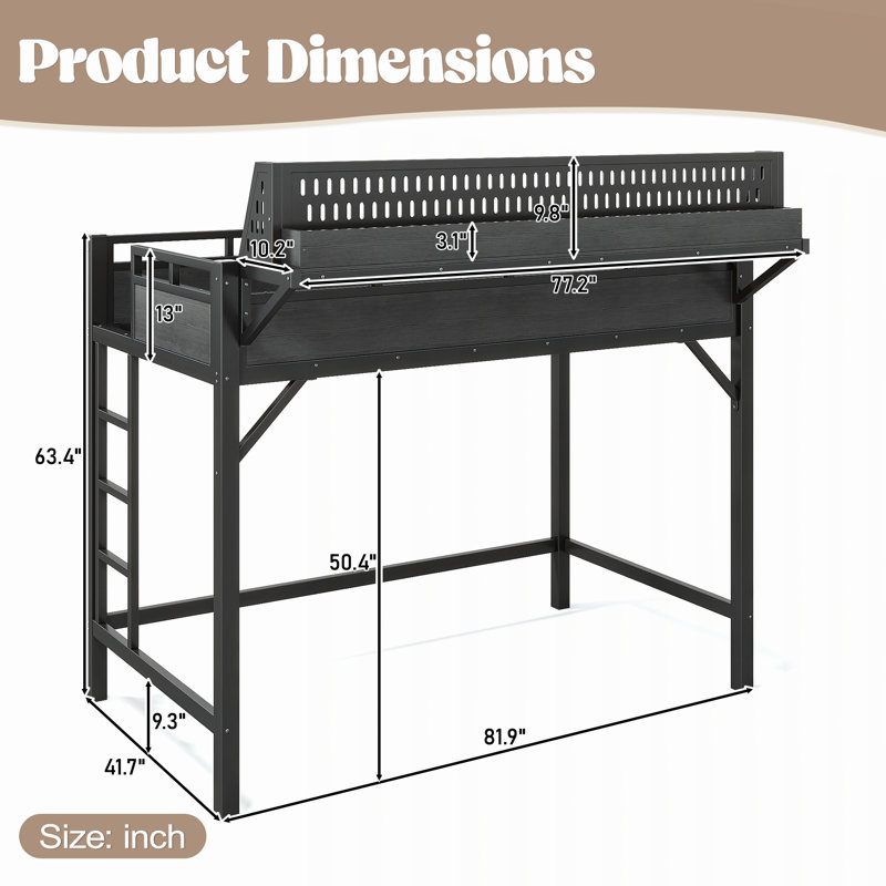Lit mezzanine en métal avec tablettes de rangement, panneau perforé, lumières USB et DEL, Black, Extra-long Twin
