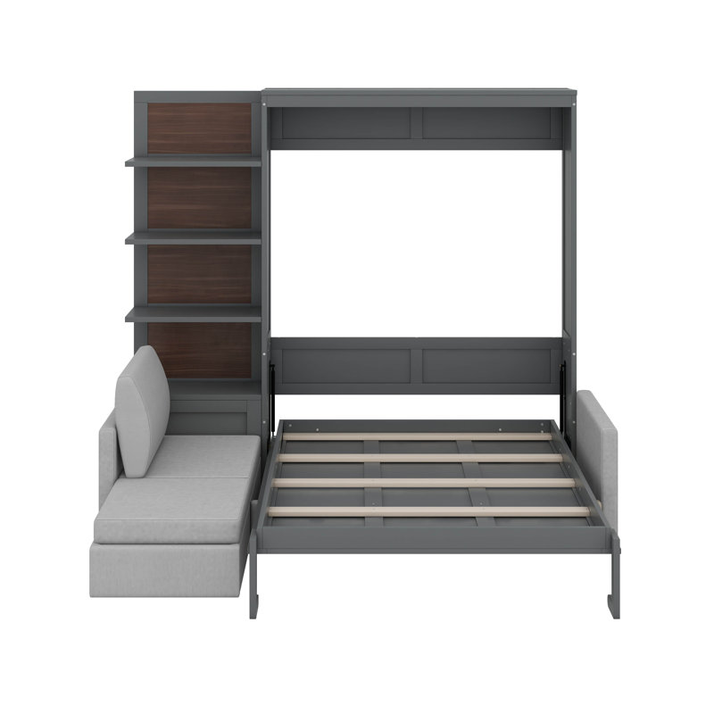 Grand lit escamotable avec canapé et tablettes, Gris