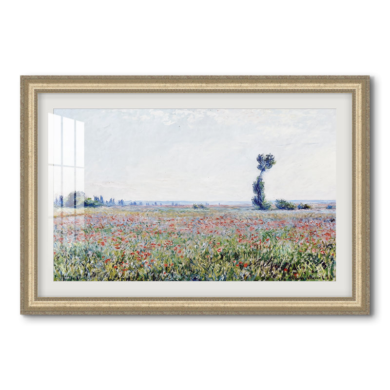 Poppy Field, 1881-Claude Monet-Custom Framed Canvas, 28x40 INNER SIZE, Framed Print with Mat, Champagne Leaf Relief