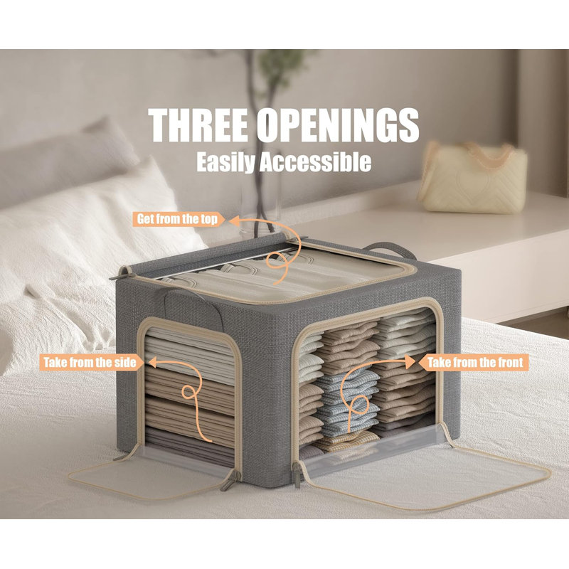 3 Openings Clothes Storage Bins With Metal Frame, Foldable Storage Bin For Clothes, Clothing Storage Bins With Lid, Linen Storage Box With Clear Window& Zippers& Durable Handles.(3 Pcs,Light Grey,40L)