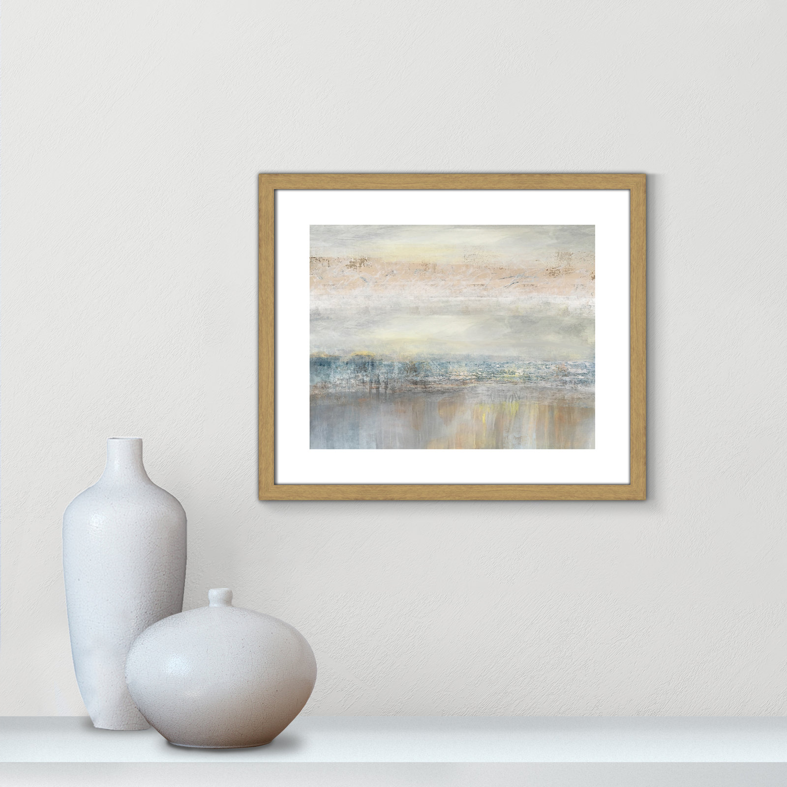 Electra "From A Distance" Painting by Nan, 16" H x 19" W, Picture Framed Paper, Beige Wood