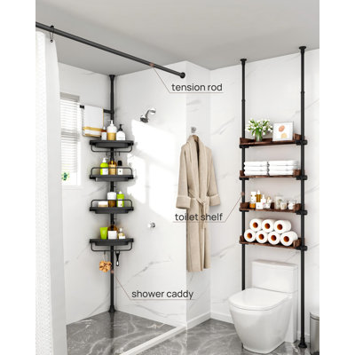 Corner Shower Caddy Tension Pole, Stainless Steel Rod Easy to Clean Shelves，Durable Plastic Shelves with Drainage Holes & Easy to Clean, Rustproof Stainless Steel Rod, Fits 34–116 in. Ceilings, Black