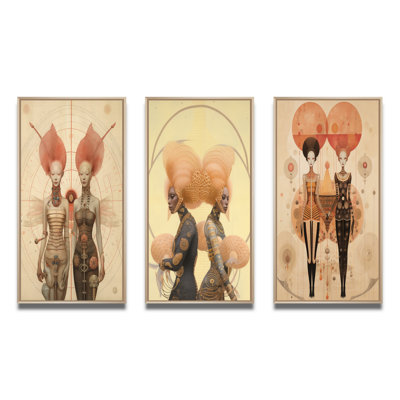 Alien Goddess Vintage Dreamscape Illustration IV - Abstract Portraits Art Set Of 3 Pieces