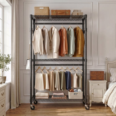 Heavy Duty Rolling Garment Rack 3 Tiers Adjustable Wire Shelving Clothes Rack With 2 Rods And Side Hooks,Storage Closet Clothing Rack With Wheels Black 15.7" D X 29.5" W X 74.5" H