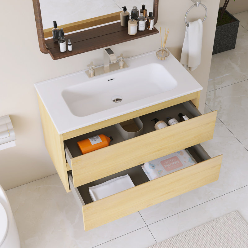 Meuble-lavabo mural simple avec comptoir intégré en céramique blanche, Chêne, 36"