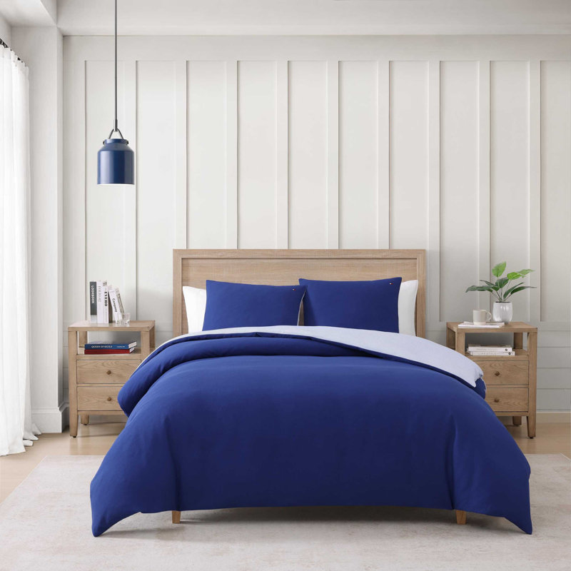 Tommy Hilfiger Micro Pique Solid Duvet Cover Set, Queen Duvet Cover + 2 Standard Shams, Blue