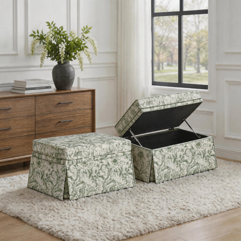 Storage Upholstery Ottoman, Rococo Green Chenille