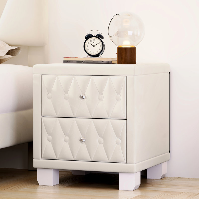 Poli, beige, table de chevet en velours, 2 tiroirs, cristal embelli, esthétique des boutons, amplement d'espace