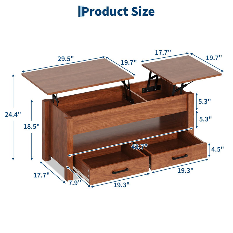 Table basse avec plateau relevable, table basse convertible avec plateau en bois, 2 tiroirs et compartiment caché, Brun