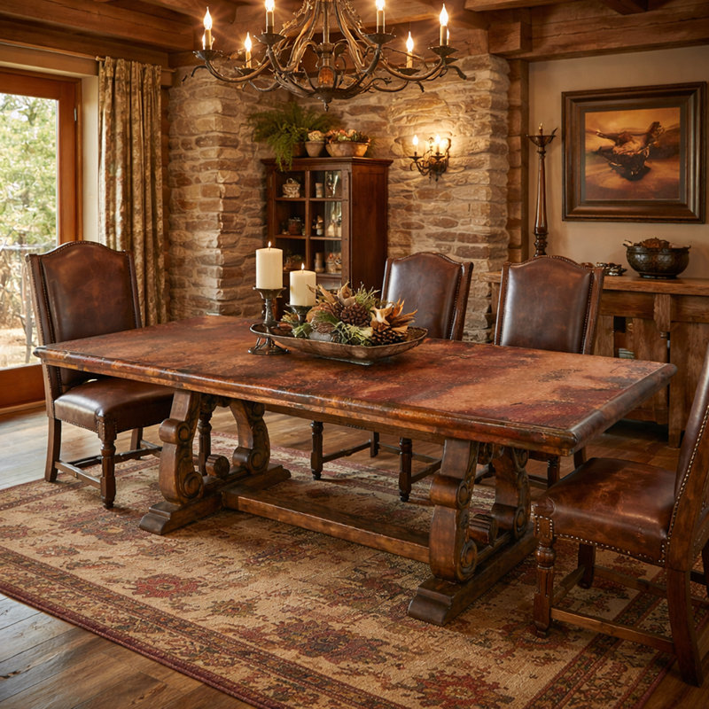San Miguel Copper Top Carved Wood Dining Table, Brown/Copper, 36”H x 100”L x 46”W