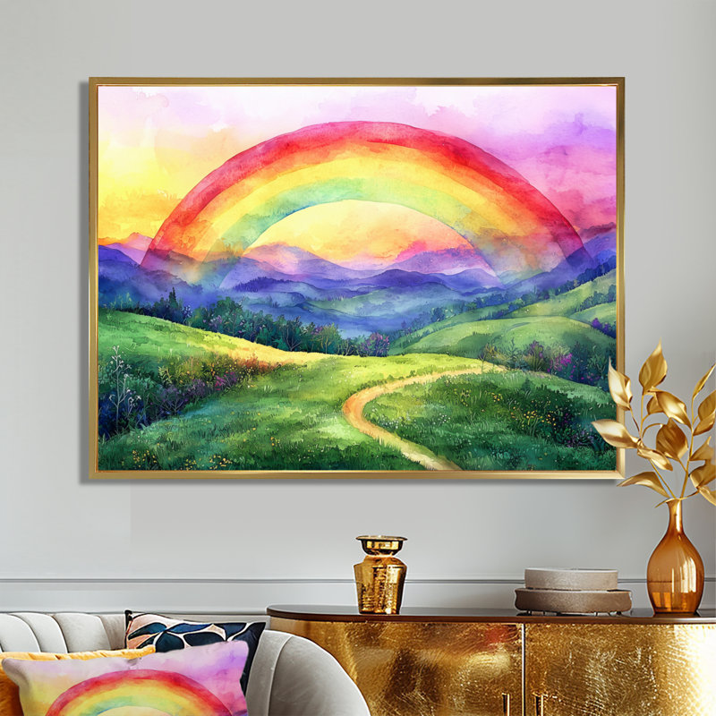 Rainbow Over The Hills In USA - art mural arc-en-ciel, Cadre flottant doré, H 16 po x l 32 po