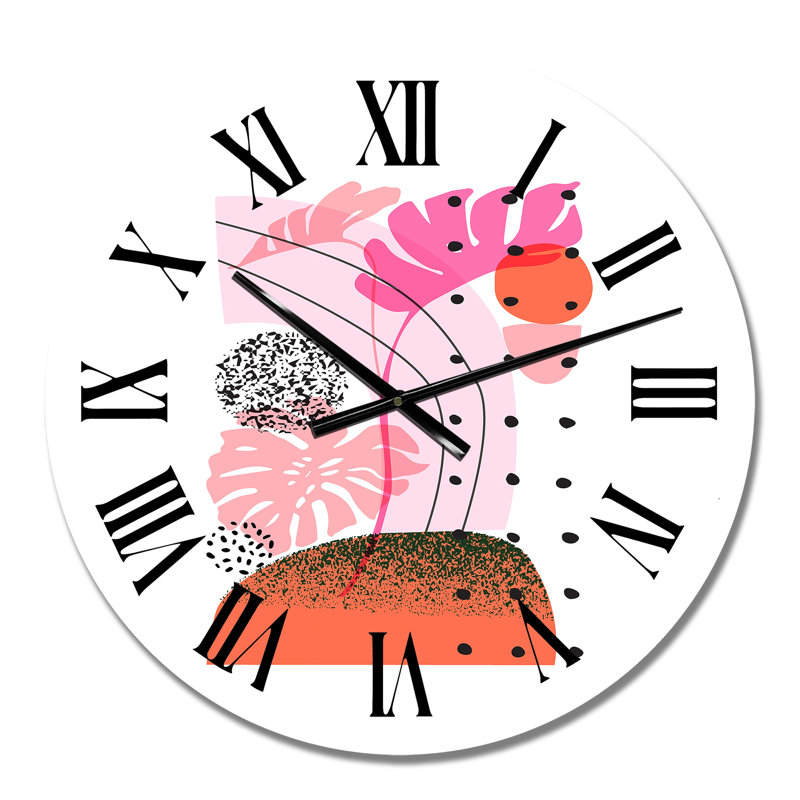 Horloge murale moderne avec formes tropicales organiques et feuilles tropicales III, Petit