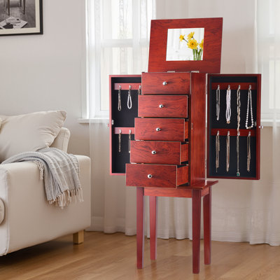 Armoire à bijoux, coffre à bijoux debout en bois avec 4 tiroirs spacieux, miroir rabattable, 4 compartiments de rangement supérieurs, poignées en alliage de zinc, 2 portes latérales avec 16 crochets à collier