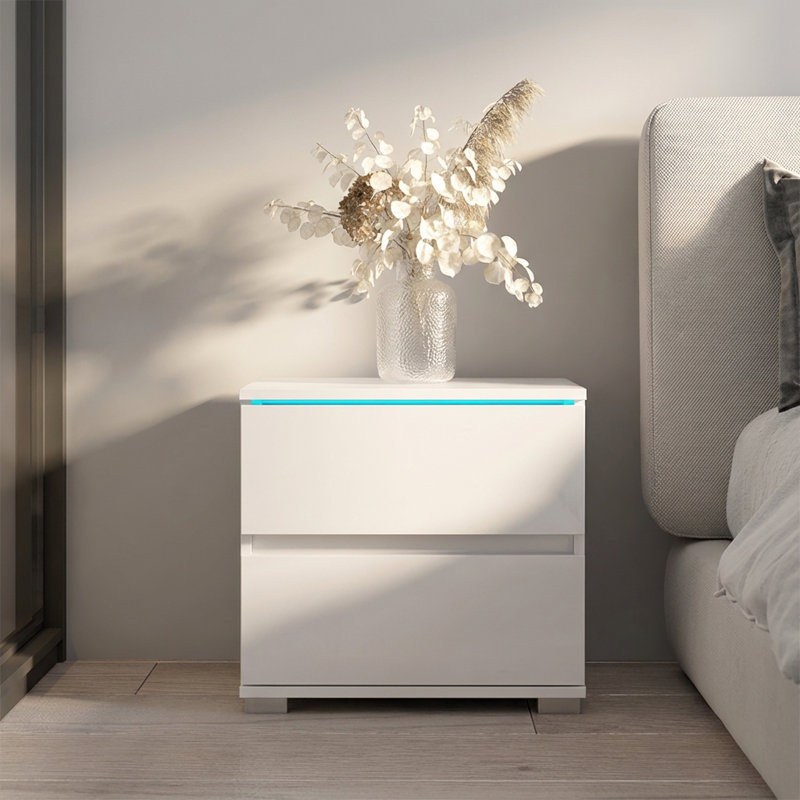 Astorga 19.7" Nightstand with 16-Color LED Lighting, High Gloss Finish, White