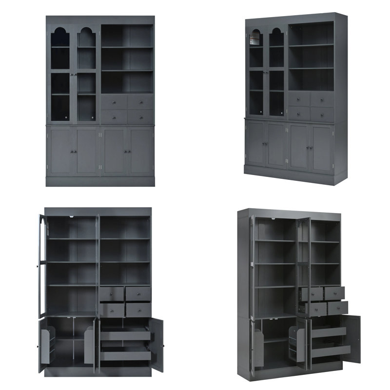 75" Tall Blue Freestanding Buffet with Hutch, Kitchen Pantry Cabinet with 4 Drawers, Door Shelves & Pull-out Trays, Gray