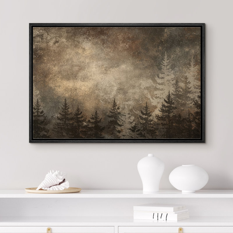 Rustic Forest Silhouette With Textured Sky Framed Canvas Master Bedroom Wall Art Work Print, 24" H x 36" W x 1.5" D, Black