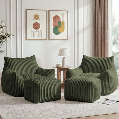 Set of 2 Oversized 46" Compression Corduroy Foam Bean Bag Chair with Ottoman(Set of 2)
