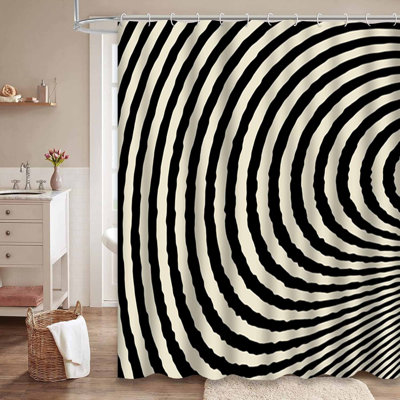 Waterproof Black White Wave Lines OpArtFlow Shower Curtain with 12 Hooks