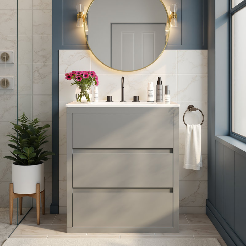 Meuble-lavabo sans poignée avec lavabo en céramique 30 po, Gris