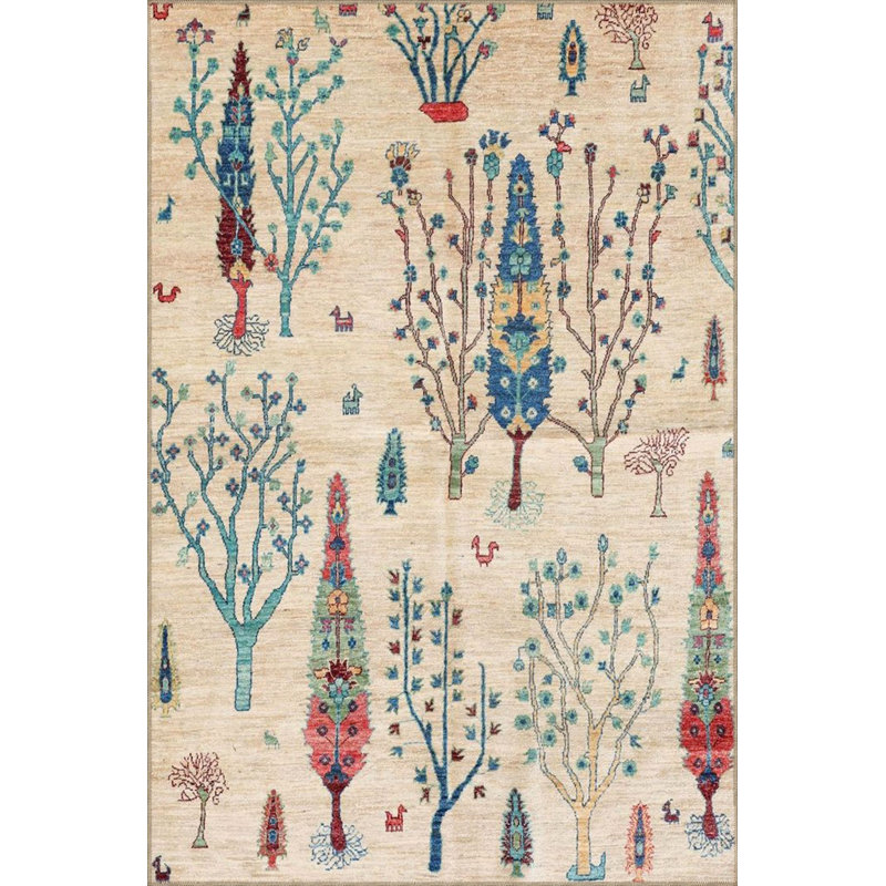 Tapis crème à motif tissé à base d'arbre et lavable à la machine, Sous-tapis rectangulaire 2 pi 6 po x 4 pi 11 po